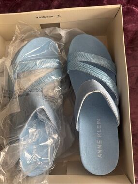 Anne Klein Powder Blue Elastic Strap Slide Sandals